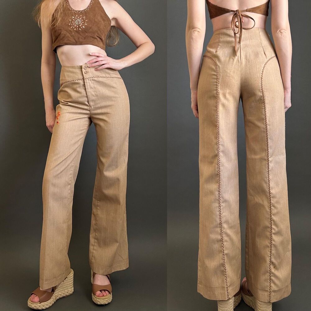 Vintage 1970s Embroidered Saddleback Flared Pants, High Waist Trousers, Small